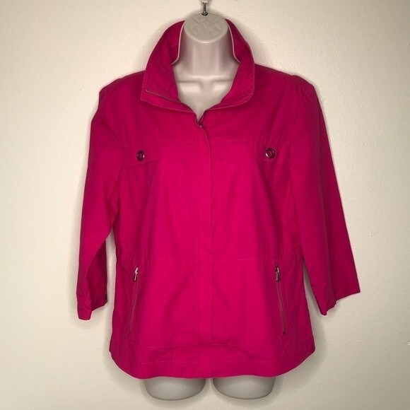 Chicos Bright Pink 3/4 Sleeve Convertible Collar Jacket Ripstop Women Medium - Picture 11 of 11